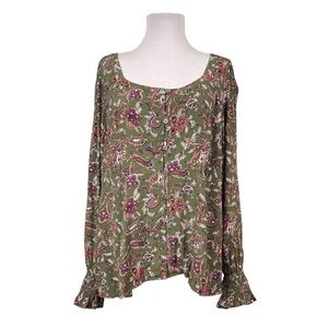 Ann Taylor LOFT Women's XL Button Down Blouse Khaki Green Paisley Long Sleeves